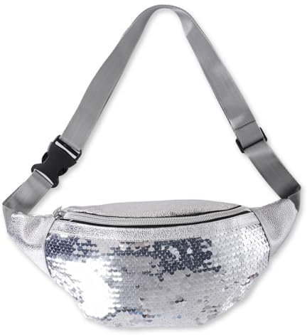 Bauchtasche Damen Silber Glitzer - Pailletten Hüfttasche wasserdicht & reflektierend, mit Reißverschluss-Fächern für Festival, Karneval, Sport, Reisen & Party | Gürteltasche Metallic (Silber)