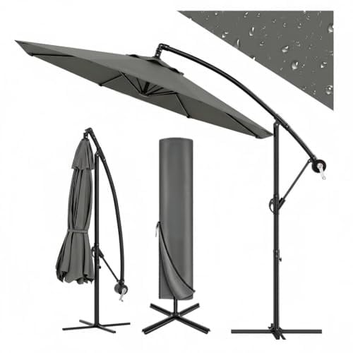 GarveeLife Sonnenschirm Ø 300 cm, Ampelschirm mit Kurbel | Sonnenschirm mit Ständer & Windschutz | Gartenschirm UV-Schutz wasserdicht | Kurbelschirm für Terrasse & Balkon, Grau