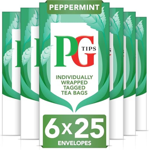 PG Tips | Peppermint Tea Bags Bulk | Individually Wrapped Tea Bags | String & Tagged | Refreshing & Minty Taste | 6 Packs | 150 Plant Based Biodegradable Envelopes