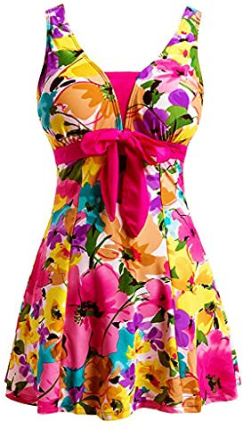 ECUPPER Womens Plus Size Skirted Swimsuit Floral Printed Swimwear Padded Swim Suit Dress with Boy Shorts Deep Pink Flower XXL