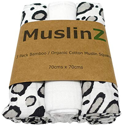 MuslinZ Musselin-Quadrate für Neugeborene in Schwarz und Weiß für visuelle Stimulation und sensorisches Spiel. Baby-Musselin-Bambus/Bio-Baumwoll-Mischung (Leopard, 70 x 70 cm)