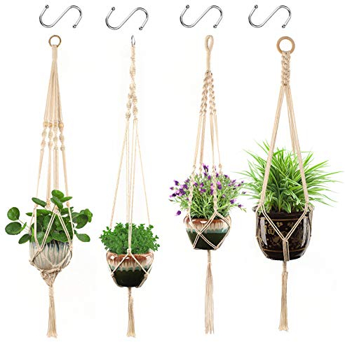 GothicBride Makramee Blumenampel - 4er Set Boho Deko Baumwollseil Vintage Deko Baumwollseil Blumentopf Hängend für Balkon Fenster Deko Innen Außen Decken(Beige)