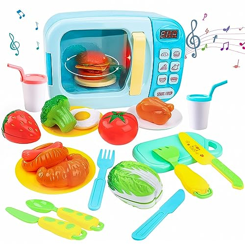 deAO Toy Microwave with Realistic Light, Sound & Food Cutting Pieces Included Great for Ages 3, 4, 5, 6 Year Olds Girls Boys Perfect Kids Microwave Kitchen Gift For Christmas Birthdays