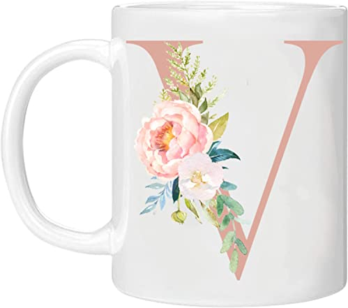 Personalised Floral Mug Letter V - Any Letter Alphabet 11oz Ceramic Coffee/Tea Cup Gift for Christmas, Birthday, Secret Santa, Mother’s Day or Father’s Day Printed Glitter, NOT Real Glitter (Rose - V)
