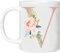 Personalised Floral Mug Letter V - Any Letter Alphabet 11oz Ceramic Coffee/Tea Cup Gift for Christmas, Birthday, Secret Santa, Mother’s Day or Father’s Day Printed Glitter, NOT Real Glitter (Rose - V)
