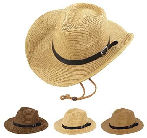 Natural Straw Cowboy Hat, Western Cowboy Cowgirl Floppy Sun Hats with Wide Brim, Vintage Style Unisex Fedora Panama Hat Beach Cap for Men Women (Cream Color)