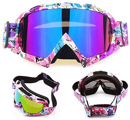 E-Soul Motorrad Goggle Motocross Wind Staubschutz Fliegerbrille Snowboardbrille Schneebrille Skibrille Wintersport Brille Für Damen Und Herren Jungen Und Mädchen (White-Blue-Purple Multicolor)