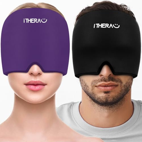 iTHERAU Migräne Maske Kopfschmerzen Maske, 360° Abdeckung Einstellbar Migräne Mütze Migraine Relief Cap, Kalt Warm Kompresse Kühlpads Gel für Kopfschmerzen, Geschwollene Augen, Nebenhöhlen