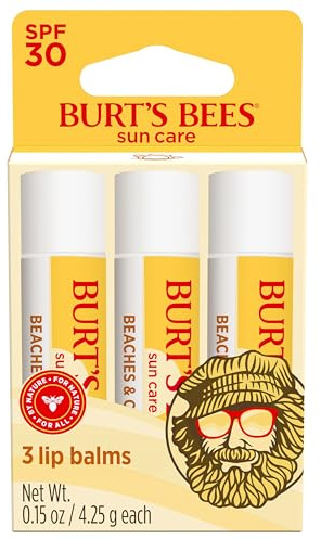 Burt’s Bees SPF 30 Lip Balm, Beaches and Cream, Water-Resistant Sun Care, Nano-Free Zinc Oxide Formula, Natural Origin Conditioning Lip Treatment, 3 Tubes, 0.15 oz.