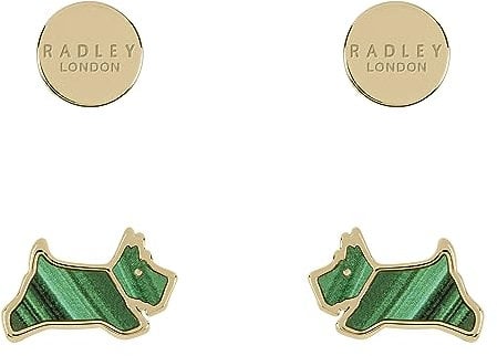 Radley Ladies Dukes Place 18ct Pale Gold Plated Round Disc and Green Malachite Coloured Resin Jumping Dog Twin Pack Earring Set RYJ1386S
