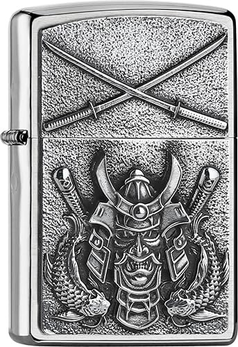 Zippo Sturmfeuerzeug - Samurai, Brushed Chrome, Emblem - Nachfüllbar - Wiederverwendbar - Windfestes Design - Geschenkbox - Made in USA