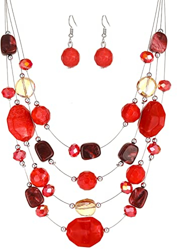 FULU AUTUMN Chunky Statement Kette Damen Mehrreihige Perlenkette und Ohrringe Modeschmuck Set für Frauen Mama Frau Oma Muttertags Geschenk(2-Red)