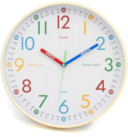 K&L Wall Art Lernuhr Kinder Wanduhr lautlos Kinderuhr modern Jungenuhr ohne Tickgeräusche Mädchenzimmer Holzoptik 30cm
