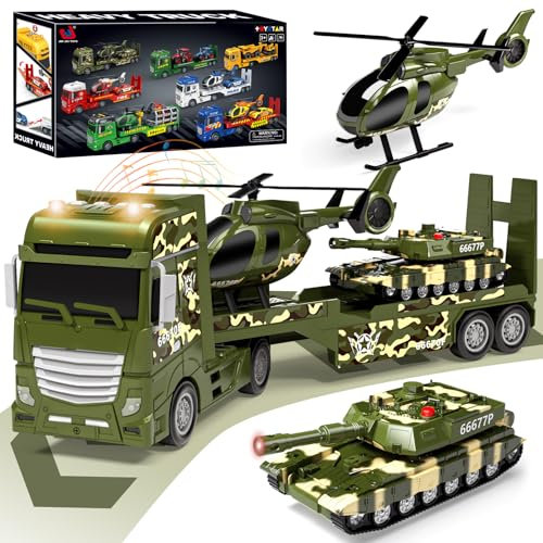 Tacobear Militär Lastwagen Spielzeug Geschenke ab 2 3 4 5 Junge groß LKW Spielzeug & Hubschrauber Panzer Abnehmbar Anhänger, Reibungsbetrieb Militär Autotransporter Spielzeug Geschenkideen Kinder Jung