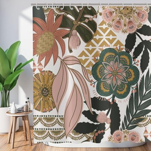 ASDCXZ Cortina de ducha con diseño de flores bohemias, 180 x 200 cm, diseño abstracto de plantas tropicales, color rosa y verde, hojas lavables, cortinas de ducha de poliéster, tela impermeable,