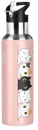 Bouteille d'eau avec paille anti-fuite - Motif chat mignon - Chaton Kawaii - Bouteille isotherme sous vide pour filles et garçons - 600 ml