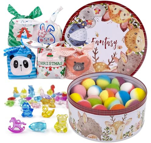 Bath Bombs with Crystal Toys Inside for Kids, 34PCS Organic Surprise Bath Bomb Gift Set for Christmas, Birthday, Easter, Natural Fizzy Bath Home Spa, 6PCS Gift Bags for Girls and Boys