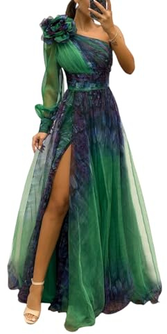 SHINROAD Abito da sera stampato da donna con decorazione floreale 3d una spalla pieghettata in rete per banchetto singolo manica lunga sottile vita a trapezio