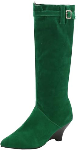 Cocey Moda minimalista stivali lunghi in camoscio con zeppa e fibbia in tinta unita per ogni occasione, verde, 40 EU