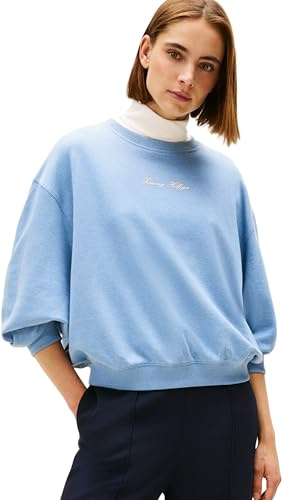 Tommy Hilfiger Donna Felpa Classic Script Terry Scollo Rotondo, Blu (Brisk Blue Heather), M