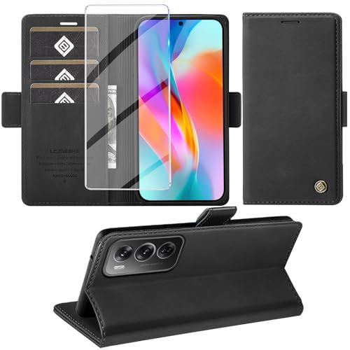 Giyer Cover per OPPO Reno12 Pro 5G Custodia con Vetro Temperato, Premium Pelle PU Portafoglio Slot per Scheda RFID Antifurto Funzione Supporto Flip Case, Antiurto per OPPO Reno12 Pro Cover (Nero)