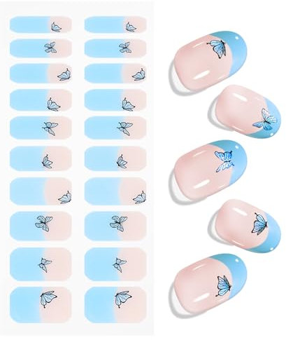 JMEOWIO Unghie Gel Adesive UV Punta Francese Farfalla Blu Smalto Adesivo per Unghie Gel Nail Stickers Decorazioni Unghie Nail Art Disegni