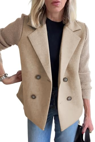 ebossy Women's Double Breasted Wool Pea Coat Notched Lapel Ribbed Knit Long Sleeve Sweater Short Blazer Jacket (XS, Khaki)