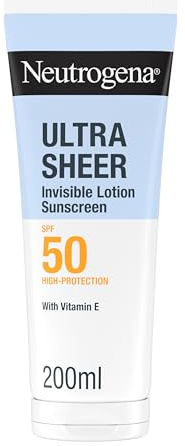 Neutrogena Ultra Sheer Lozione Idratante Invisibile Protezione Solare SPF 50 200 ml, Crema solare 50 viso e corpo con Vitamina E, Waterproof, Per tutti i tipi di pelle, Ultra-leggera, Senza profumo
