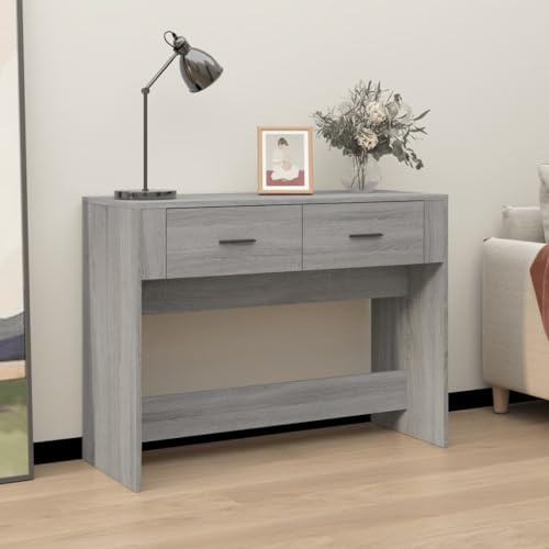 FWIKDUN Table console fine en bois de chêne Sonoma avec 2 tiroirs et support mural, table d'appoint avec espace de rangement pour l'entrée, table de couloir de 100 cm de large