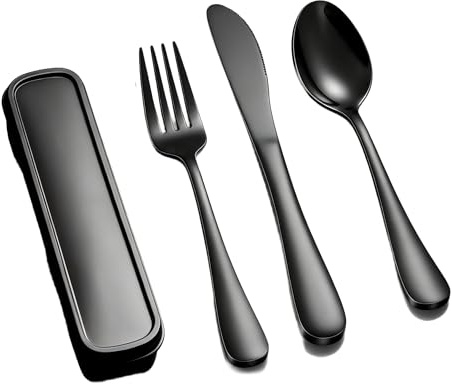3 Pack Portable Cutlerys Set with Case – Stainless Steel Fork Knife Spoon for Lunch Box Camping Office, Reusable Portable Utensil Kit, Dishwasher Safe Black