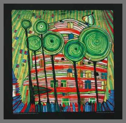 Hundertwasser Blobs Grow in Beloved Gardens Poster Kunstdruck Bild im Alu Rahmen in Champagne 48x48cm