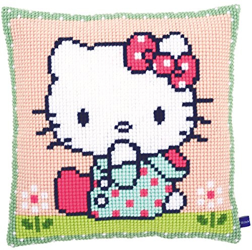 Vervaco Kreuzstich Stickpackungen Kissen Stickerei Set Anfänger Vorgedruckt Hello Kitty Auf der Wiese DIY Set Kreativ Set Für Erwachseneca. 40 x 40 cm Bastelset Handwerker Haus Dekoration
