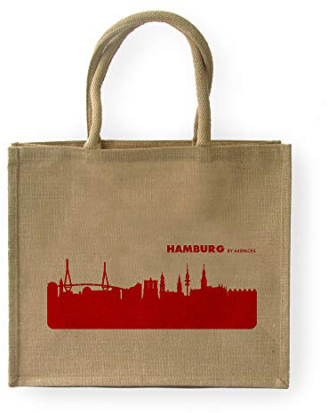 44spaces Große geräumige Einkaufstasche Hamburg Skyline - Jute Natur/Rot - Stylische Picknick-Tasche Tragetasche zum Einkaufen - Multifunktional Robust Wiederverwendbar Schwere Lasten