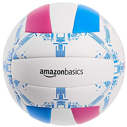 Amazon Basics freizeit volleyball für drinnen und draußen, für fitnessstudio, gras, strand, Größe 5, weiss/blau/pink