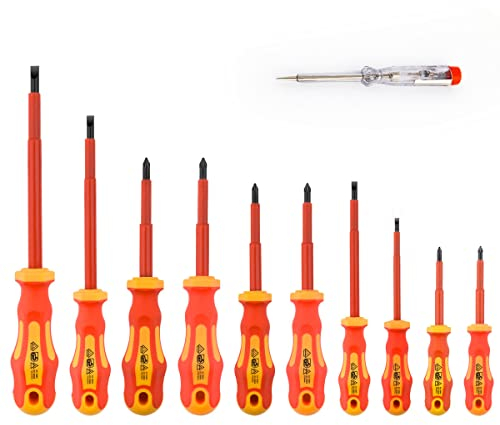 Gunpla VDE Isoliertes Schraubendreher-Set, 1000 V, mit schwarzer Spitze, magnetisch, TPR-Griff, für Elektriker, Soft-Grip, Schlitz, Kreuzschlitz- und Pozi-Werkzeuge mit Sicherheitstester für