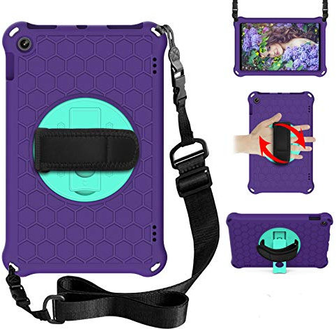 BAUBEY Case for All-New Amazon Fire HD 10 Tablet (9th/7th/5th Generation,2019/2017/2015), Hand Strap,Shoulder Strap Kickstand Rugged Shockproof Silicone Stand Cover (Purple+Aqua)