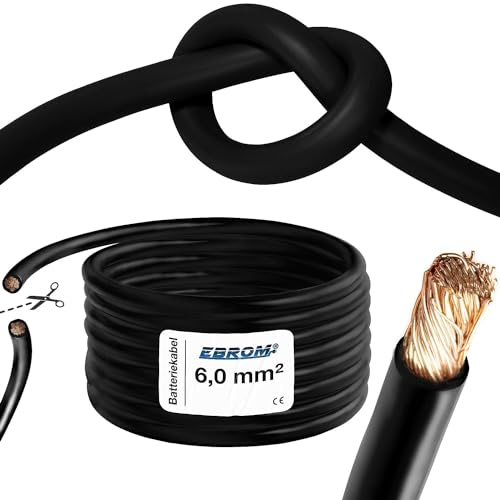 EBROM Câble de batterie très flexible Hi-Flex (Hi Flex) de 6 mm² - Vendu au mètre - Noir - Très flexible - Gaine en PVC (70 ± 5 Shore) - 99,9 % cuivre OFC 6 mm² - Comme câble de démarrage, câble de