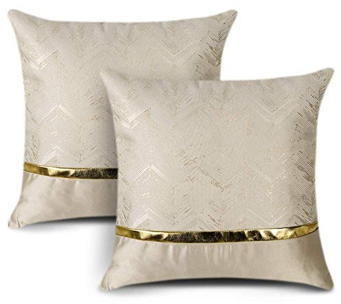 Artscope 2er Set Kissenbezug für Sofa Auto Schlafzimmer Luxuriöser Moderne Minimalist Goldenen Ledernähten Wellenstreifen Dekokissen Kissenhülle Kissen Fall 40x40cm (Beige)