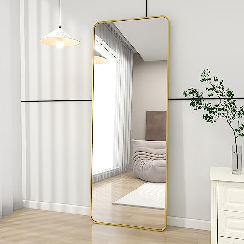 Koonmi Standspiegel mit abgerundeten Ecken, 53 x 163 cm runden Ecken Ganzkörperspiegel mit Ständer, großer Fußboden Standspiegel Ganzkörperspiegel Wand Hänger für Schlafzimmer, Wohnzimmer, Gold