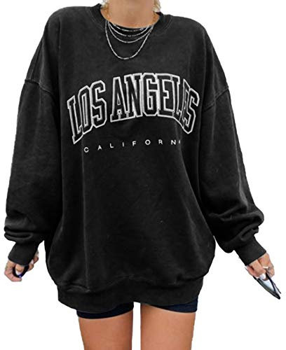 GeGekoko Damen Pullover Herbst Sweatshirt Los Angeles Vintage Oversized Langarmshirt Rundhals Pulli Winter Hoodie Casual ohne Kapuze Bluse Oberteile Tops-La# Schwarz,1L