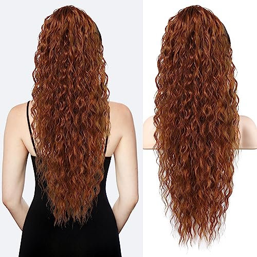 FLUFYMOOZ Ponytail Extension Pferdeschwanz Haarverlängerung, 66 cm, Bohemian-Stil, Pferdeschwanz Haarverlängerung mit Kordelzug für Frauen, langer lockiger, gewellter Pferdeschwanz(Kupferrot)