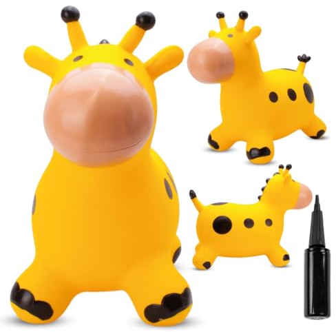 sun baby Hüpftiere ab 1 Jahr mit Pumpe aufblasbares Hüpfspielzeug aus Hochwertigem und Strapazierfähigem Gummi, Verschiedene Designs (Gelbe Giraffe)