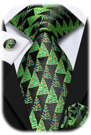 Hi-Tie Herren Weihnachtskrawatte Set Krawatte Einstecktuch Manschettenknöpfe Set Match Rentier Schneeflocke Xmas Baum Muster für Hochzeit Prom,Schwarzgrüner Weihnachtsbaum