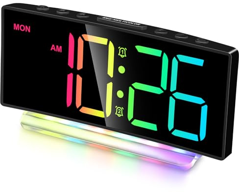 Cadmos Digital Alarm Clock - Extra Loud for Heavy Sleepers Adults Teens Kids, Rainbow Bedside Clock for Bedrooms, Large Display, 7 Color Night Light, Weekday & Weekend, 12/24h (Black+Dynamic)