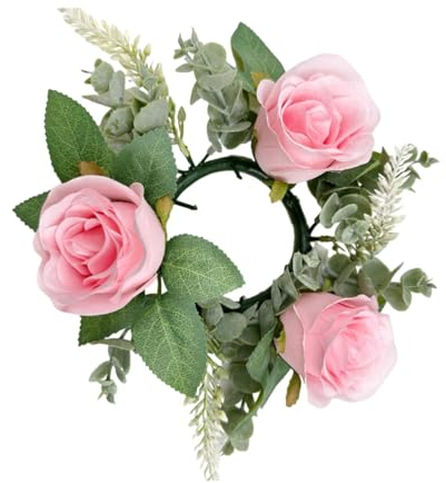 Fonowx Kerzenringe für Stabkerzen Blumen, 22cm Kerzenring Künstliche, Osterkranz Kerzenringe, Eukalyptusblätter Kerzenkränze für Hochzeit Mittelstücke Bauernhaus Erntedankfest Tischdekoration, Rosa