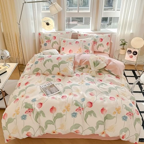 GETIYA Romantisch Blume Bettwäsche 135x200 Baumwolle Bettwäsche Mädchen Damen Blumen Muster Bettbezug Einzelbett Weiß Rosa Bettwäsche Teenager Mädchen mit 1 Reißverschluss Kissenbezug 80x80