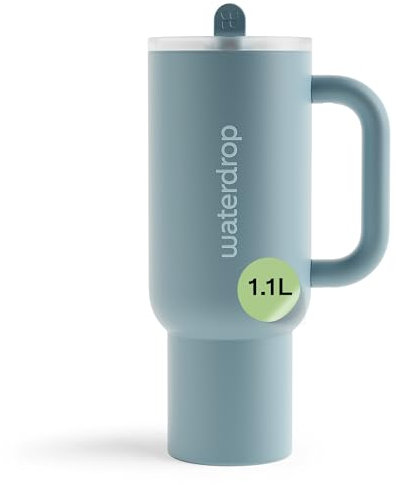 waterdrop® Thermobecher mit Strohhalm 1,1L – Auslaufsichere, robuste Trinkflasche mit aufklappbarem Trinkhalm, Hält 12h kalt, Trinkbecher mit Deckel, isolierte Edelstahlflasche