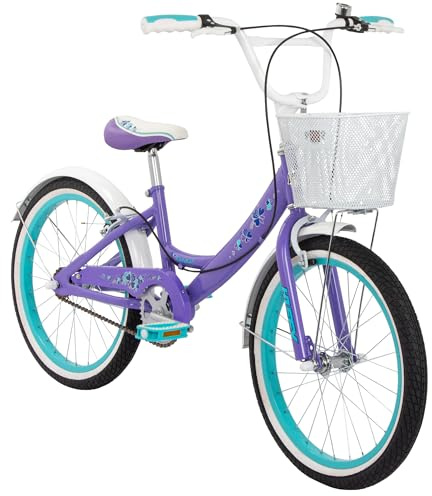 Huffy Girly Girl 20-Inch Cruiser Bike, Basket, Bell, Mudguards, Adjustable Comfort Saddle, Upright Handlebars, Single-Speed, Dual Brakes, Stylish Girls’ Bike for Ages 5-9, Gloss Purple