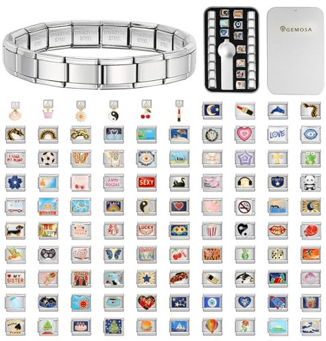 GEMOSA Personalised Italian Charm Bracelet – 10 Custom Charms for Women, 6.75 Silver Stainless Steel Modular Bracelet with Tool – Gift for Mum, Friends, Daughter