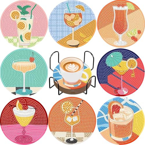 Zyluniy 8 Pièces Diamond Painting Dessous de Verre avec Support, Diamond Coaster, Peinture Diamant Dessous de Verre à Cocktail pour Loisirs Créatifs Adultes Débutants Fournitures D'artisanat